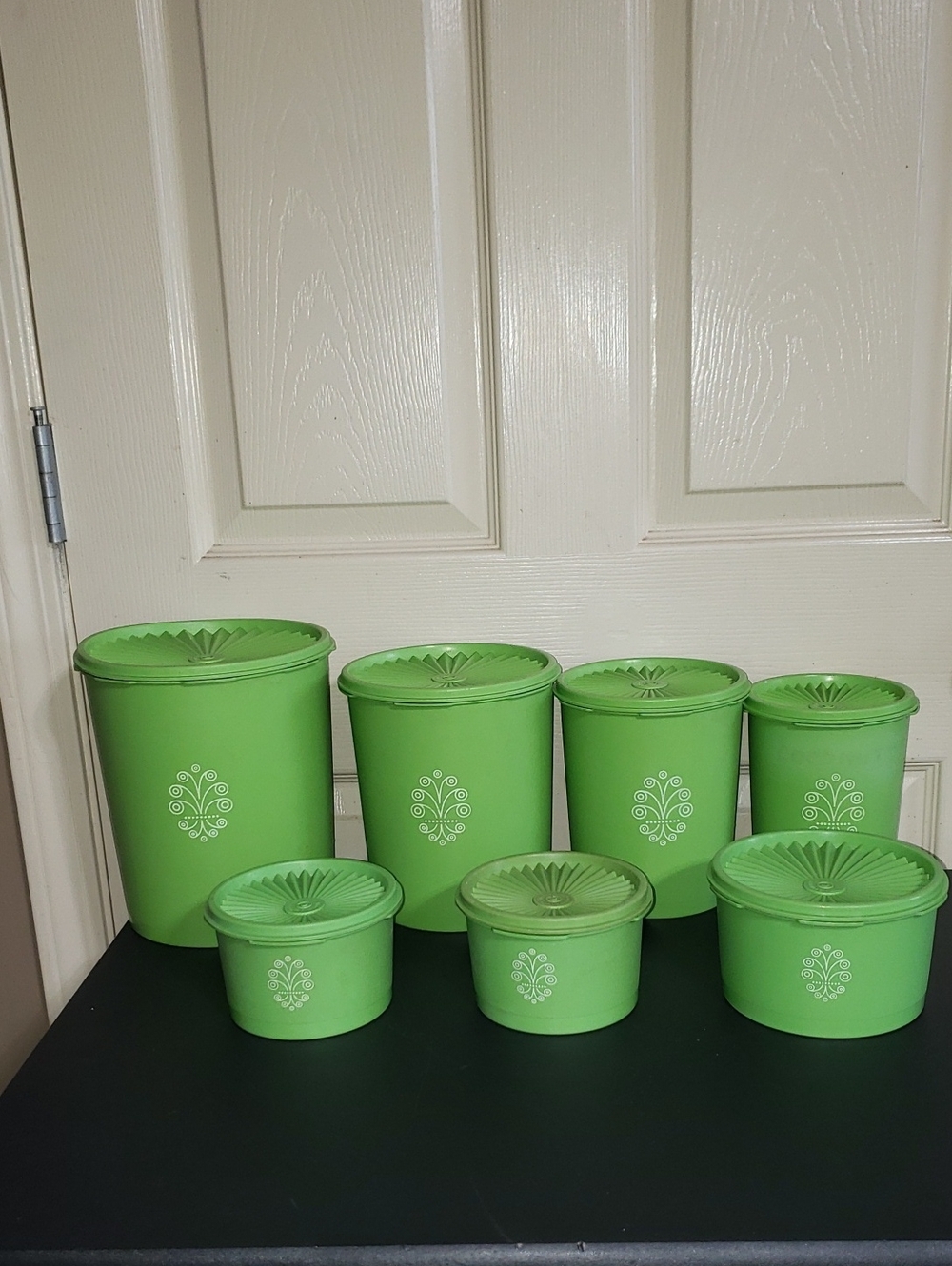 Tupperware Lime Green Canister Set 14 White Floral Motif